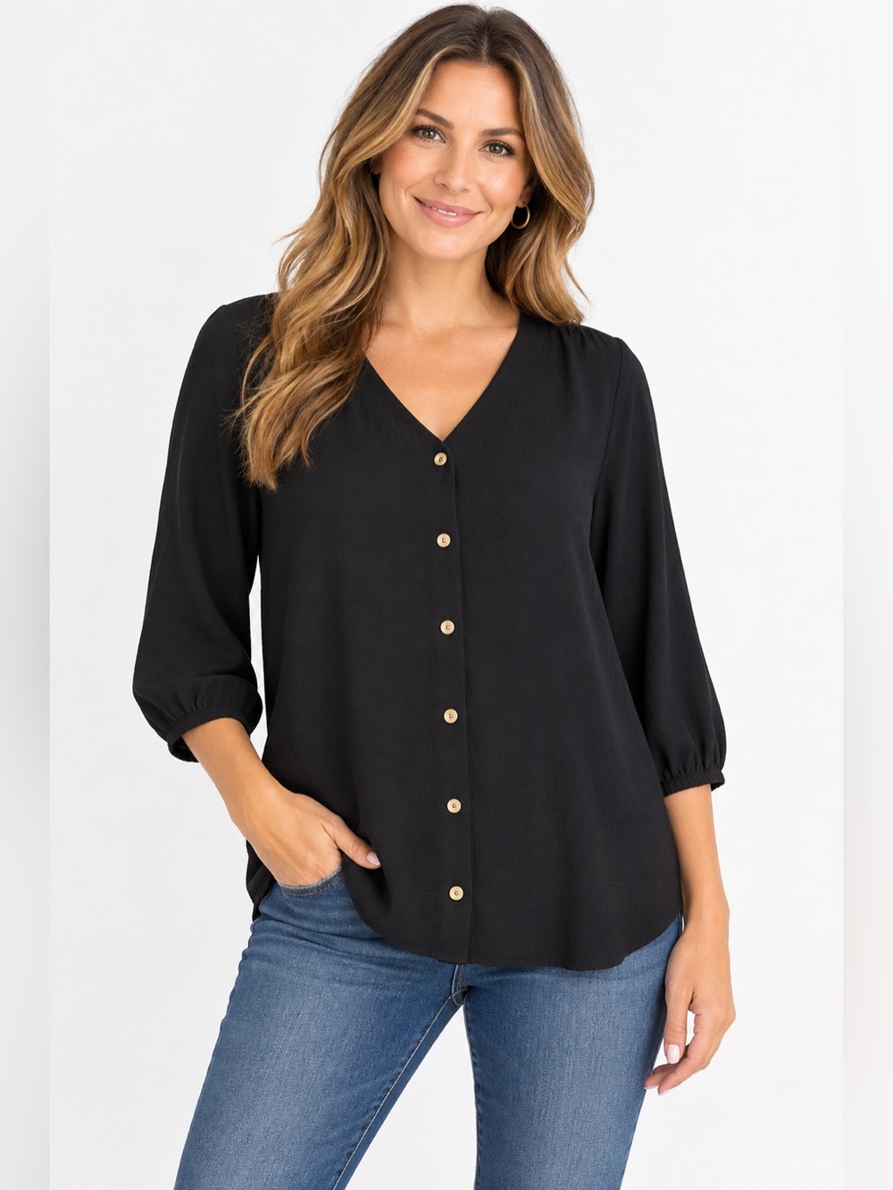 The Impeccable Pig Black Button-Front V-Neck Women's Top M